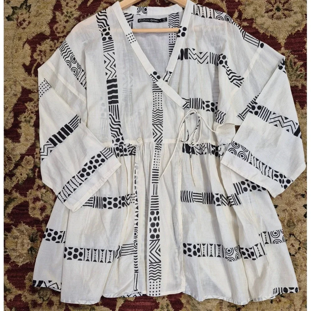 Gudrun Sjoden Piccolo Wrap Cotton Blouse Geometric Print Size Large